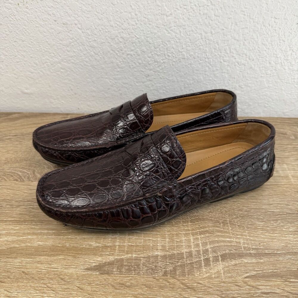 Giorgio Armani Crocodile Leather Loafers Moc Toe Men's 6.5 Brown Burgundy Italy